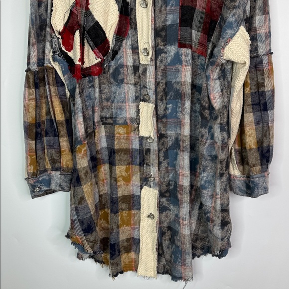 Pol Peace Patch Plaid Color Block Top Long Sleeve Button Up Shirt Size Medium - Picture 3 of 10